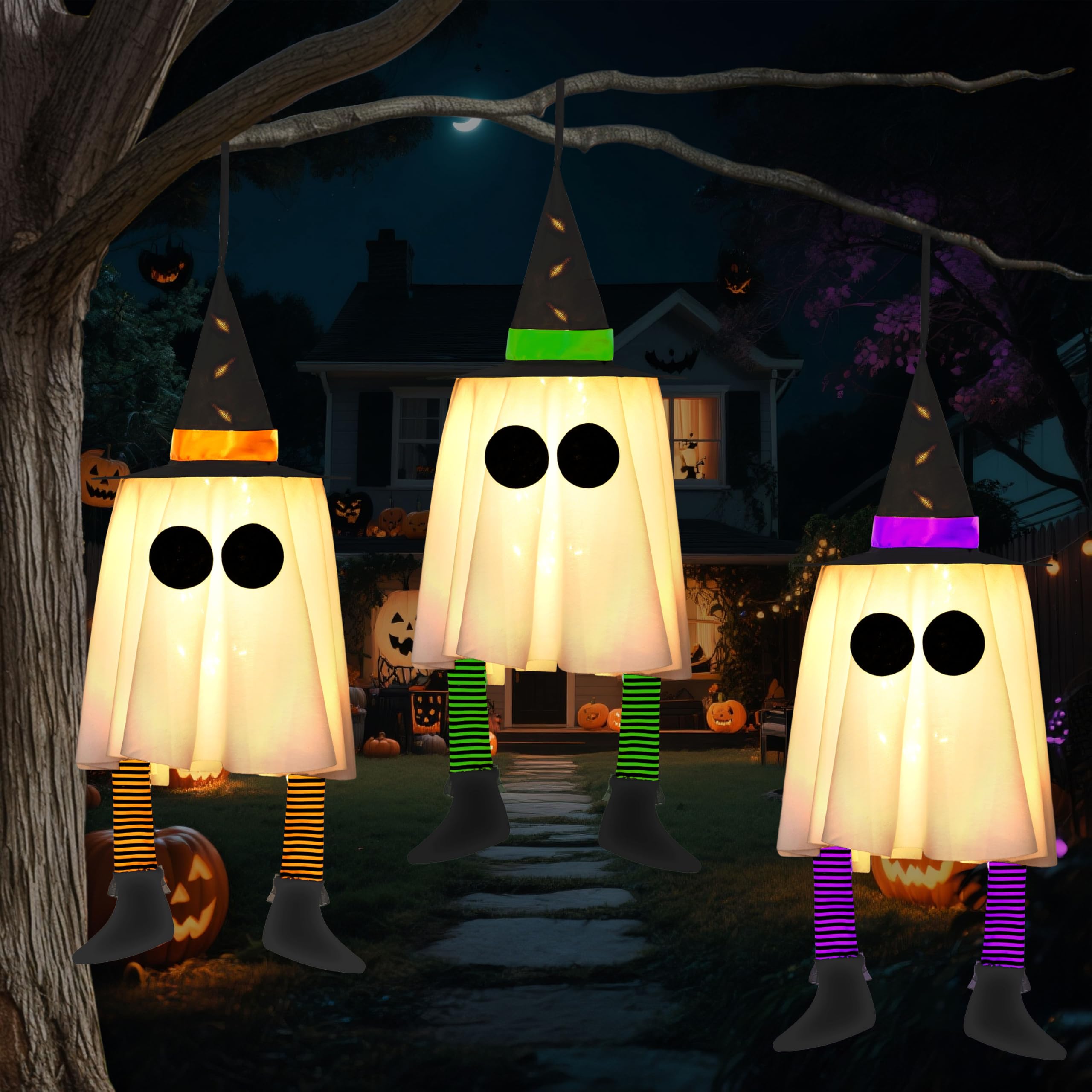 Photo 1 of JOYIN 23.6'' 3PCS Halloween Hanging Ghosts Decorations Outdoor, Warm Light Up Ghosts Tree Decor with Witch Hat & Timer, Glowing Halloween Decorations for Yard Patio Garden Outside Haunted House Party