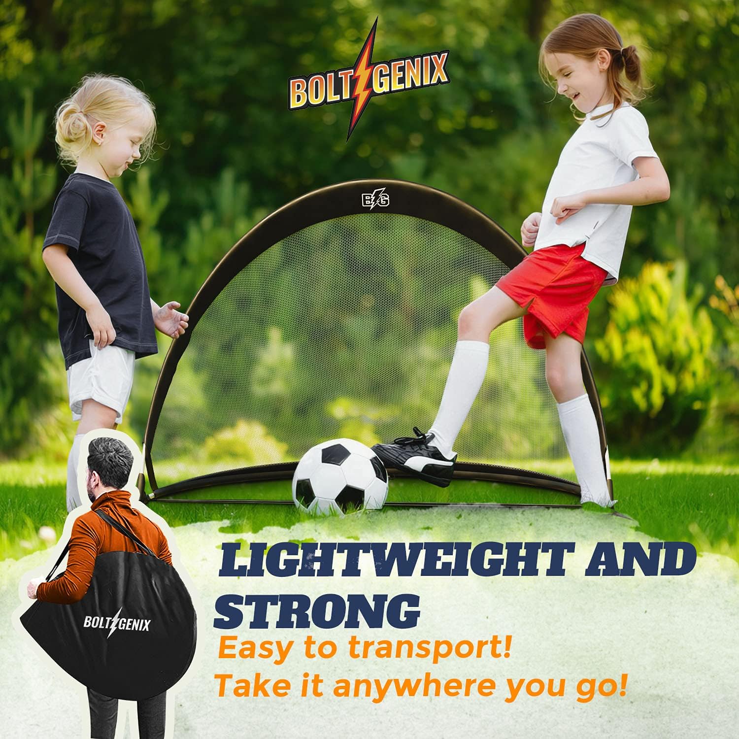 Bolt Genix Small Portable Soccer Goals - Pop Up Goals Set of 2 | Made for Toddlers, Teenagers and Pros | Works on Concrete, Carpet, Grass, Sand, and Turf | All Weather Durability - Easily Pack and Store : Sports & Outdoors