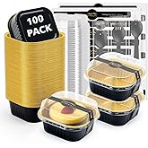 Ruckae 5oz 100 Pcs Square Mini Loaf Pans with Lids-Disposable Foil Dessert Containers,Mini Cake Pans with Lids,Aluminum Dessert Cups for Parties and Weddings (Black Gold, 5oz)