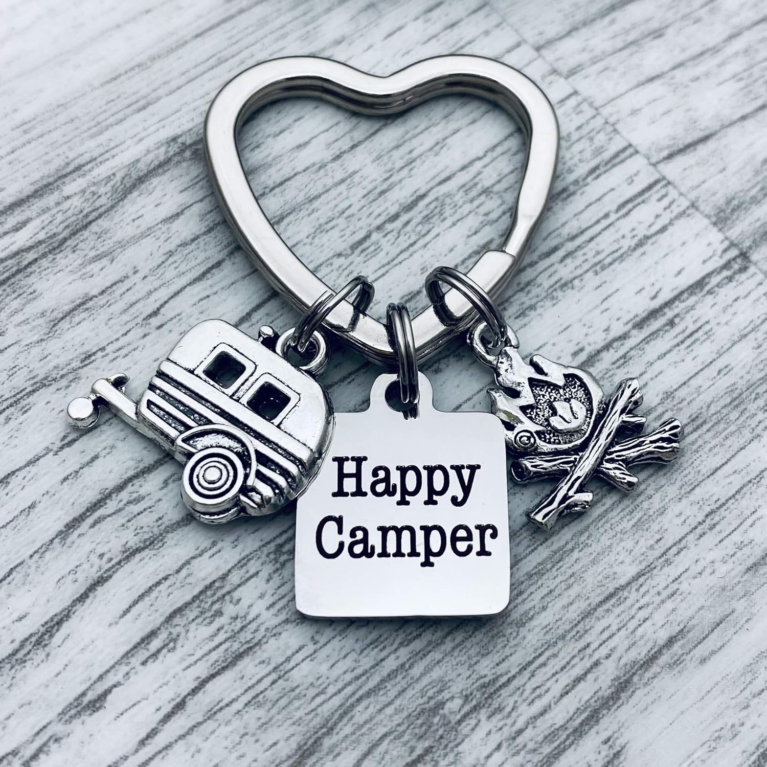 Happy Camper Key Chain with RV and Campfire Charms Handmade