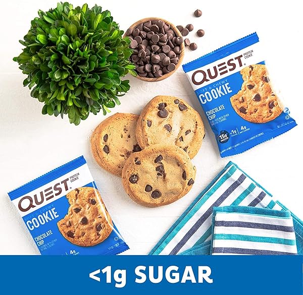 QUEST NUTRITION PROTEIN COOKIE, CHOCOLATE CHIP, 15G PROTEIN, 4G NET CARBS, 250 CALS, 2.08OZ COOKIE, SINGLE SAMPLE, HIGH PROTEIN, LOW CARB, GLUTEN FREE, SOY FREE