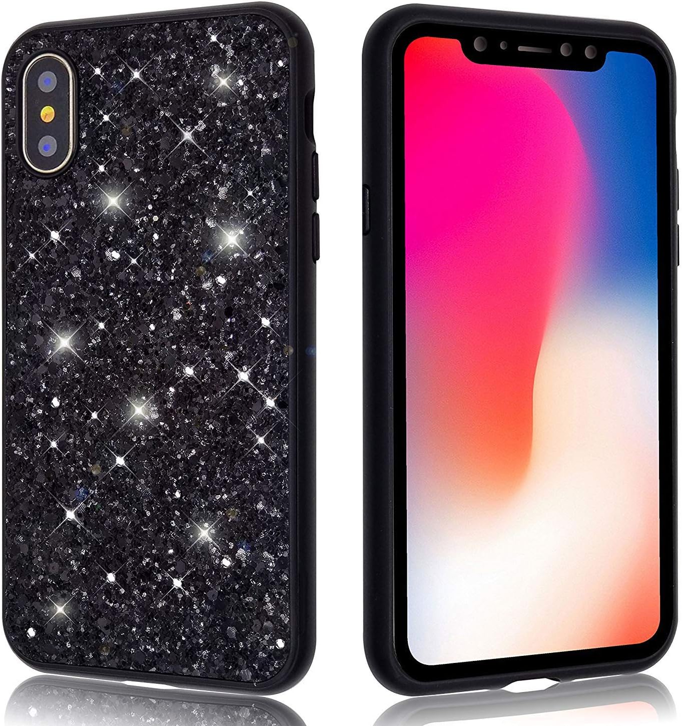 Thin Bling Glitter Case for iPhone Xs Max Shiny Sequin Sparkle Hard Luxury Soft Cute Girl Women Phone Cover for iPhone XsMax (Black)
