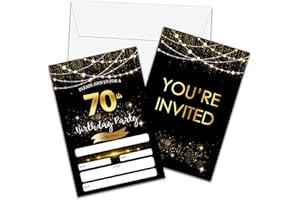 FOOSPROEA 70th Birthday Invitations with Envelopes - Black Gold Glitter Fill-in Invites Cards - Surprise Birthday Party Invitation Card for Him/Her - Adults Birthday Party Favors Supplies Decorations (20 Pack)