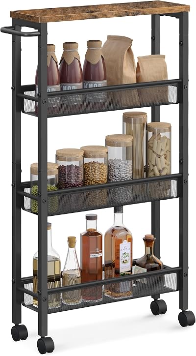 VASAGLE 4-Tier Kitchen Cart Rustic Brown Black 13 cm Deep Steel Frame