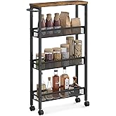 VASAGLE Slim Rolling Cart, 4-Tier Narrow Storage Cart with Handle, 5.1 Inches Deep, Metal Frame, for Kitchen, Dining Room, Living Room, Home Office, Rustic Brown and Classic Black ULRC032B01V1