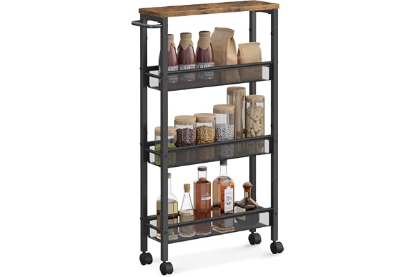 VASAGLE Slim Rolling Cart, 4-Tier Storage Cart with Handle, 13 cm Deep, Metal Frame, Narrow for Kitchen, Dining Room, Living