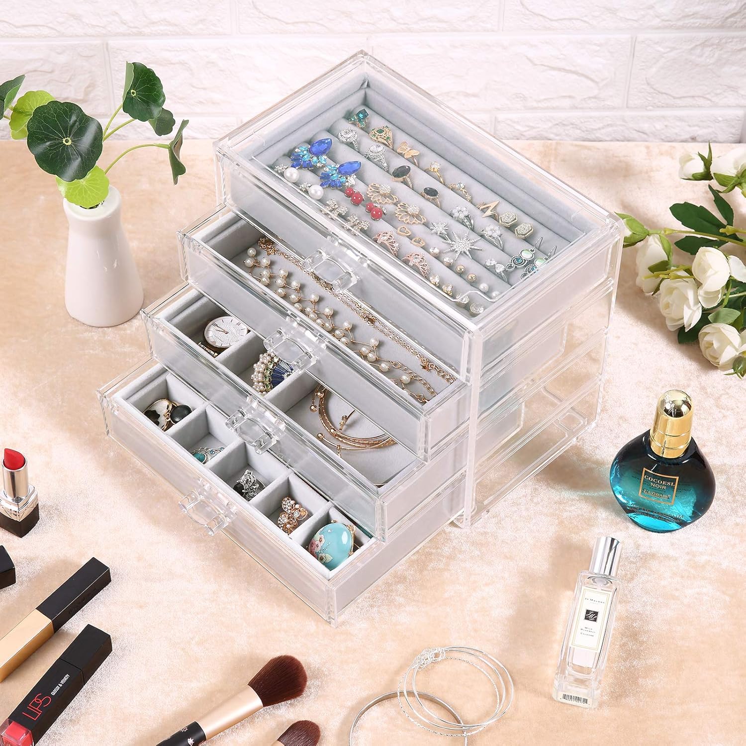 DIJA Acrylic Jewelry Box with 4 Drawers, Velvet Jewelry Organizer for Earring Bangle Bracelet Necklace Rings Clear Acrylic Jewelry Display case, Gray: Home Improvement