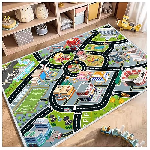 Kids Car Rug, Carpet Playmat for Toy Cars and Train, Road Traffic Play Mat for Kids, Play Area Rug with Non-Slip Backing, Ideal Gift for Children's Room playroom(4×6ft/47×71in)