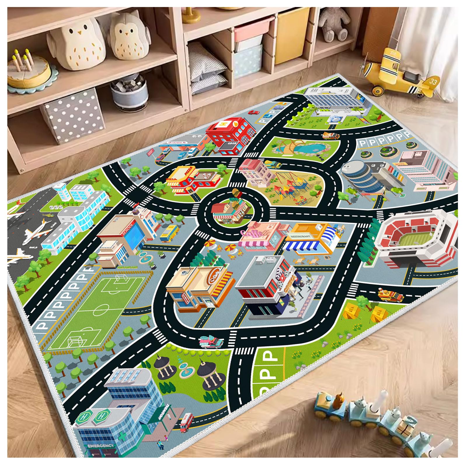 Photo 1 of Kids Car Rug, Carpet Playmat for Toy Cars and Train, Road Traffic Play Mat for Kids, Play Area Rug with Non-Slip Backing, Ideal Gift for Children's Room playroom(5.2×7.9ft/63×94in)