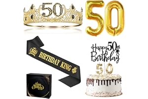 ASIJA 50th Birthday Gifts for Men, 50th Birthday Decorations for Men, Party Decor Supplies Including King Crown & Sash & Balloons & Cake Topper & Candles