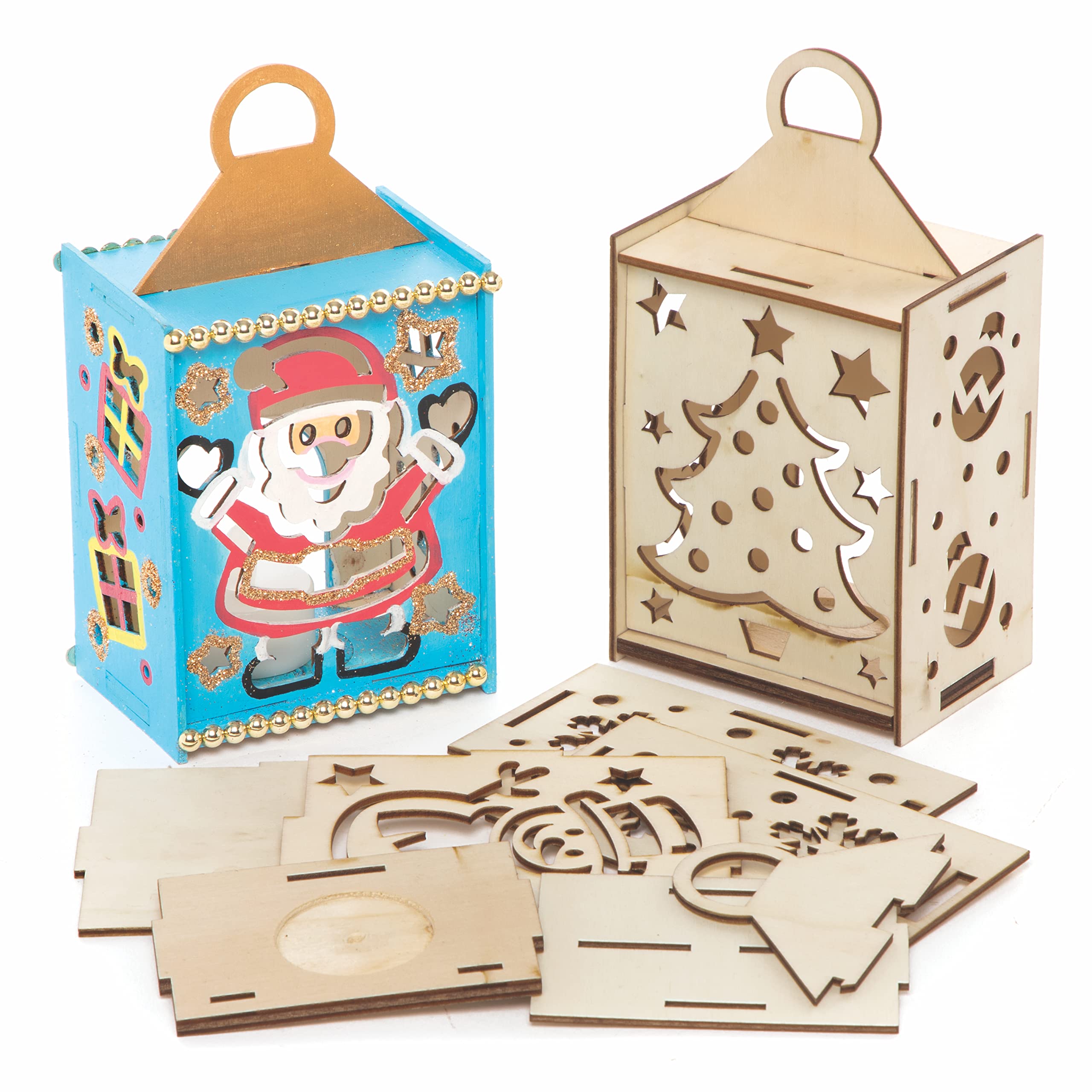 Baker Ross FC144 Christmas Wooden Lantern - Pack of 3, Winter Wooden Craft Set for Children, Arts and Crafts for Kids Xmas Activities for Kids to Colour In, Decorate and Display