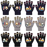 QKURT 6 Pairs Children's Magic Gloves, Unisex Stretch Mittern Warm Knit Gloves Winter Thermal Glove Kid’s Full Fingers Glove Cold Weather Mitterns Excavator Pattern for Boys Girls 4-12 Years