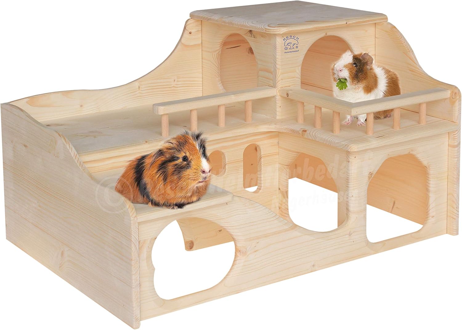 Resch No35 Guinea Pig Mansion Natural solid wood made of spruce/with two large entrances on the ground floor and a wide staircase leading to the upper house with a balcony