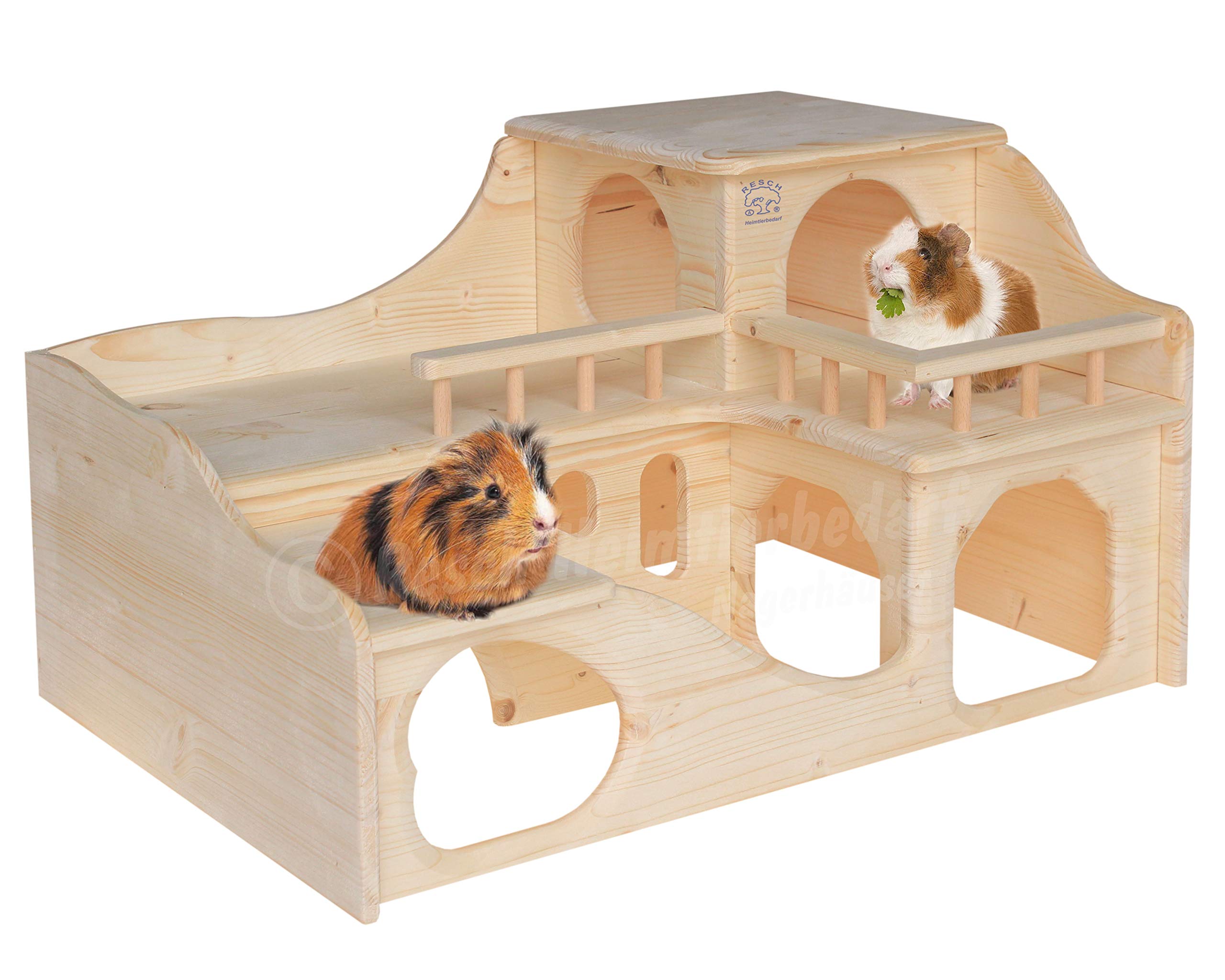 Resch No35 Guinea Pig Mansion Natural solid wood made of spruce/with two large entrances on the ground floor and a wide staircase leading to the upper house with a balcony