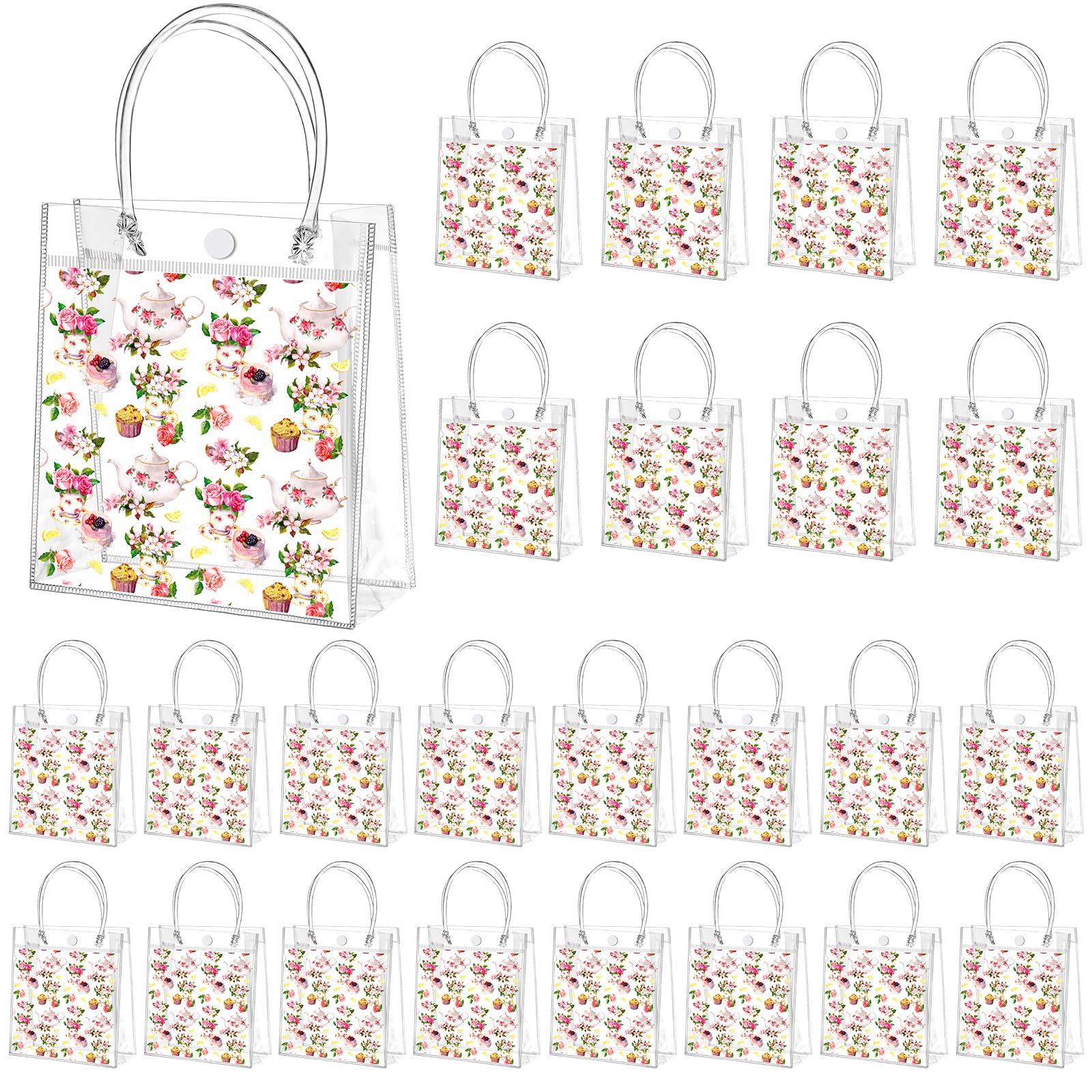 Photo 1 of (PARTIAL SET) (USED/FAIR) (BAGGED) Tioncy 24 Pcs Tea Party Gift Bags Tea Party Clear PVC Gift Bags Decorations Floral Teapot Goodie Treat Bags with Handles for Birthday Goody Wedding Events Favors Supplies