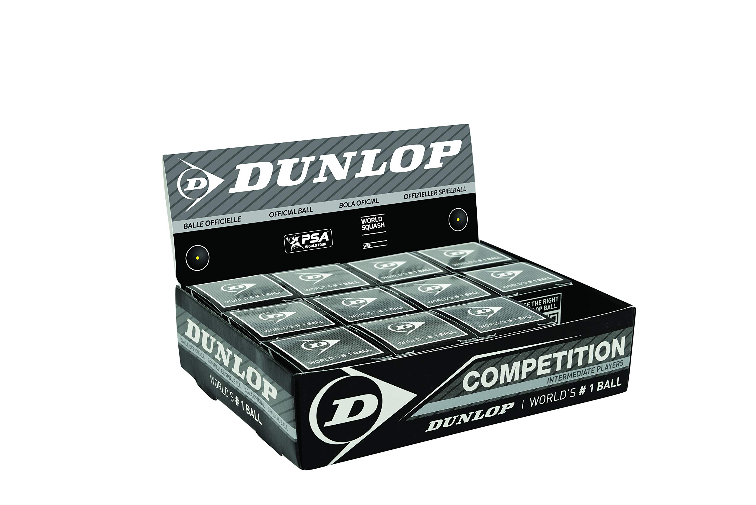 Dunlop Squash Balls Competition Yellow, 12 Balls, for Beginners and Advanced Players – Slow Speed