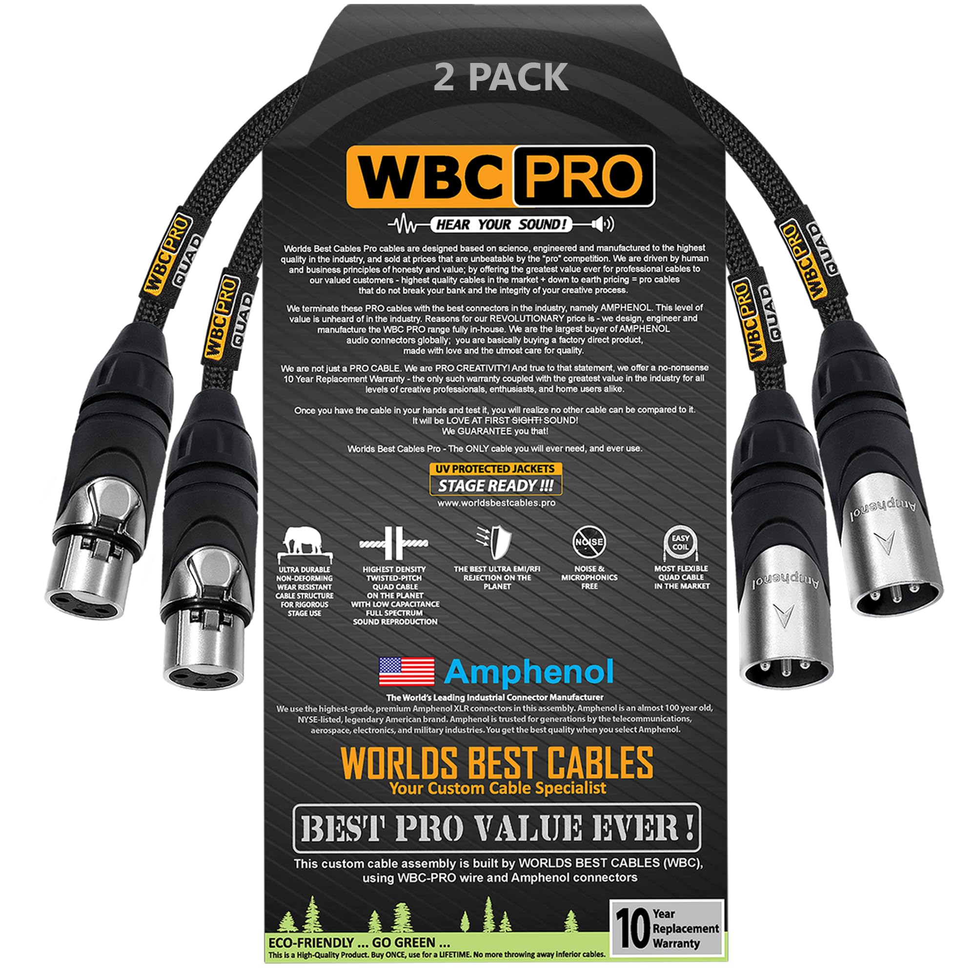 WORLDS BEST CABLES 2 Units - 0.3 Meter - WBC-PRO-QUAD Ultra-Silent Ultra-Flexible Balanced Star-Quad Cable with Amphenol Male & Female XLR Plugs & Black Tweed Jacket