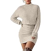 Velvelhall Women's Pullover Sweater Dress Long Lantern Sleeve Ribbed Knit Mock Neck Ruched Bodycon Casual Mini Dress 2025
