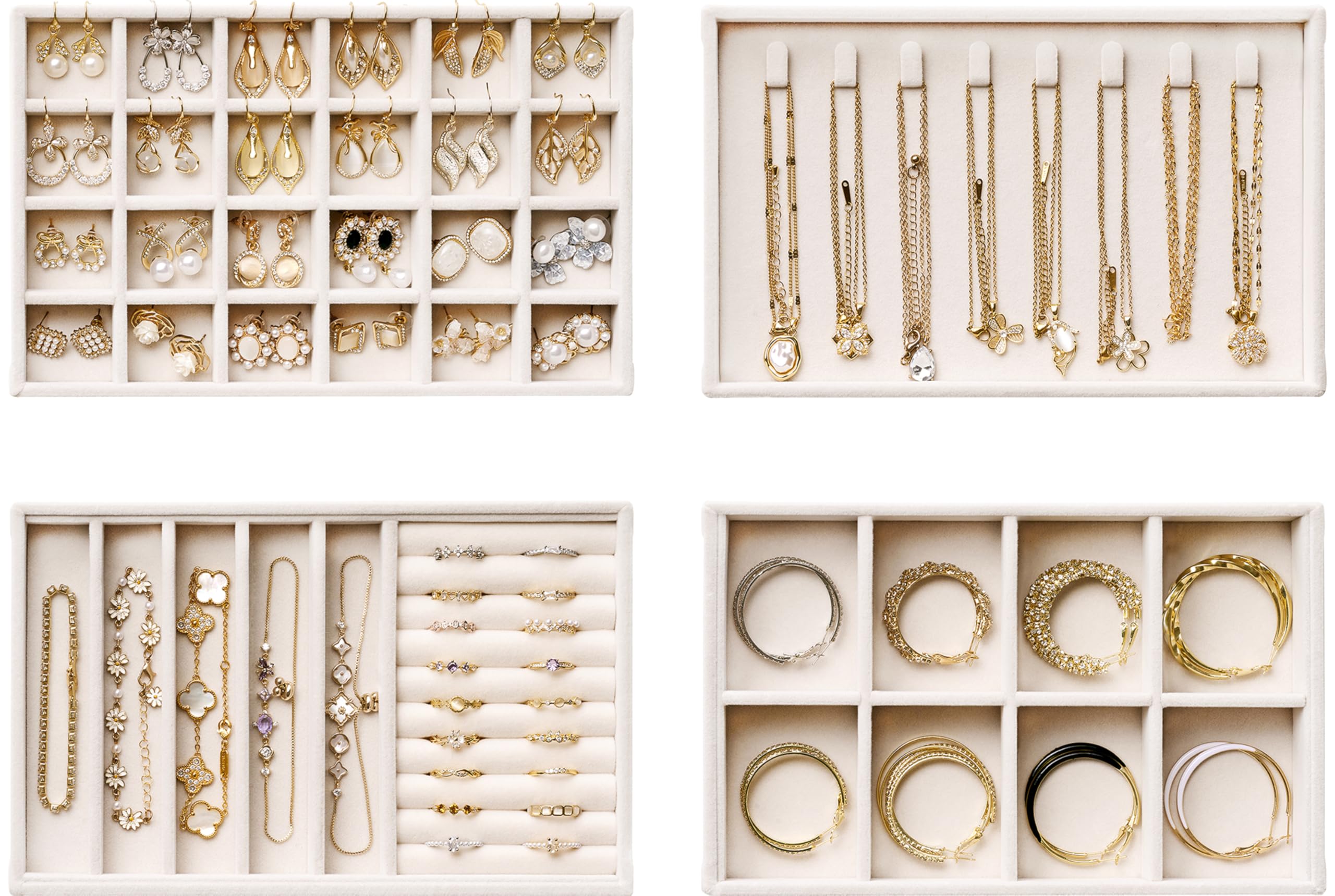 Photo 1 of Velvet Jewelry Drawer Organizer Trays – Beige Stackable Jewelry Storage Inserts Set, 4-Layer Jewelry Tray Set for Earrings, Rings, Necklaces, Bracelets with Removable Dividers for Dresser & Vanity