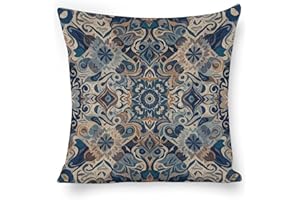 FekiLoot Navy Blue Grey Bohemian Pattern Pillow Covers 18"x18" Decorative Throw Pillow Cases Outdoor Linen Vintage Flowers Cu