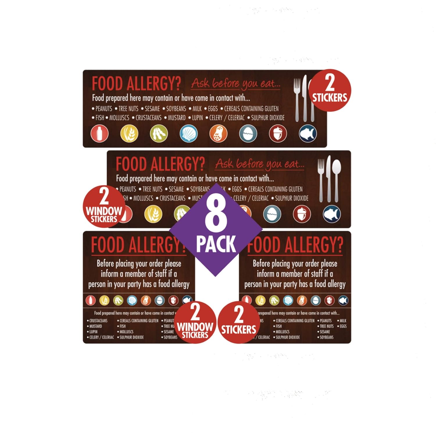 8x Food Allergen Window And Wall Stickers 100x200mm Sign Restaurant, Brown, 100 x200 mm