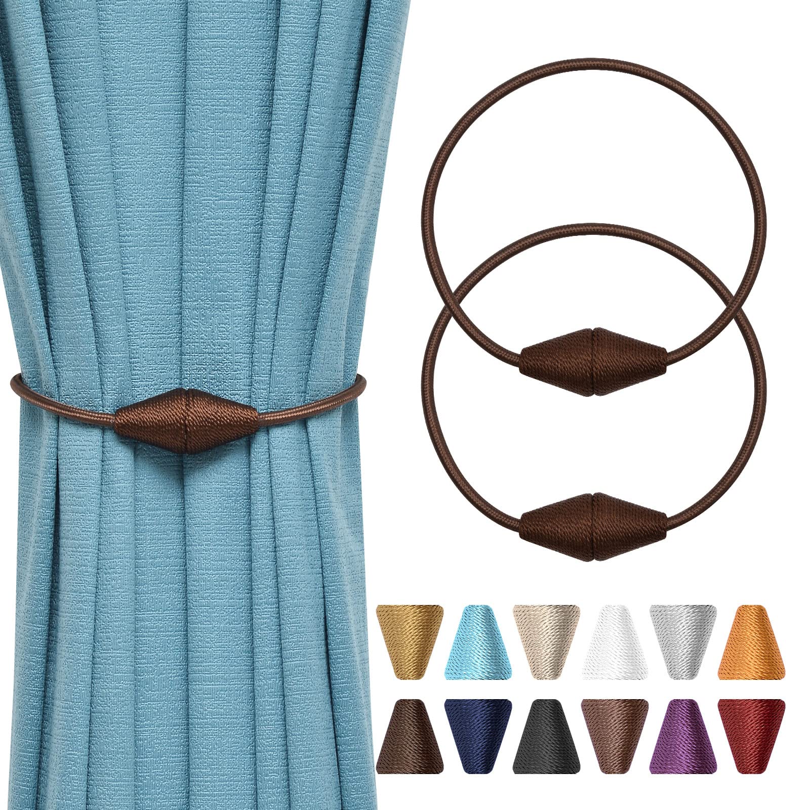 Pretty Jolly 2 Pack Upgrade Magnetic Curtain Tiebacks Handmade Weave Rope Curtain Holdbacks Convenient Decorative Cone Curtain Drape Tie Backs for Home & Office Window Drapery (Deep coffee) — image 1