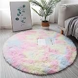 sigaer Round Fluffy Rainbow Area Rug 120cm for Girls Room Nursery Decor view 5