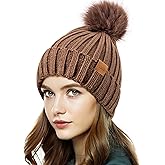 PIOZAED Womens Winter Beanie Hat Fleece Lined Warm Skull Cap with Faux Fur Pom Cuff Knitted Hat for Women