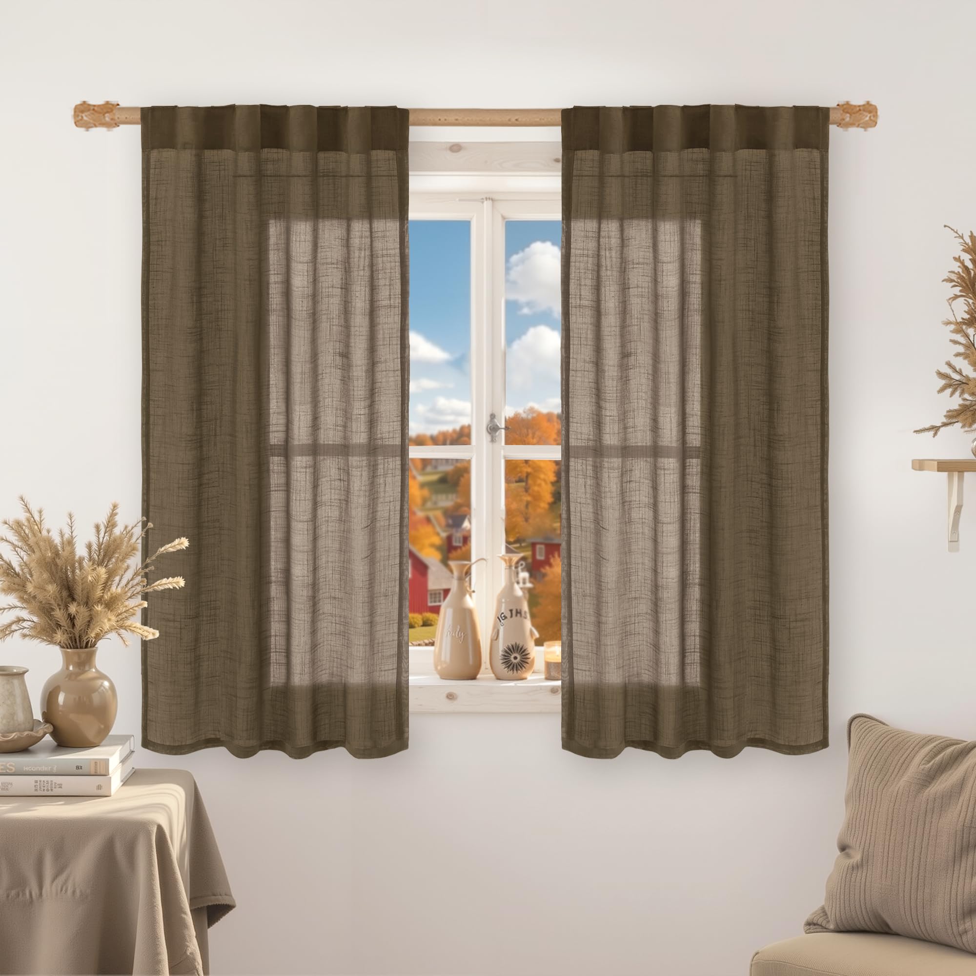 LAMIT Short Semi Sheer 54 Inch Linen Curtains for Small Windows, Brown Light Filtering Panels Back Tab and Rod Pocket Linen Textured Neutral Drapes for Kitchen/Bedroom, 2 Panels, 34 x 54 Inch