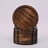 Samhita Mango Wood Coasters Set of 5 with Iron Holder Brown Round view 3