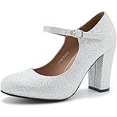 MAIERNISI JESSI Women's Mary Jane Pumps, Closed Round Toe, Block Heel with Ankle Strap Buckle, 3.54 Inch High Heel