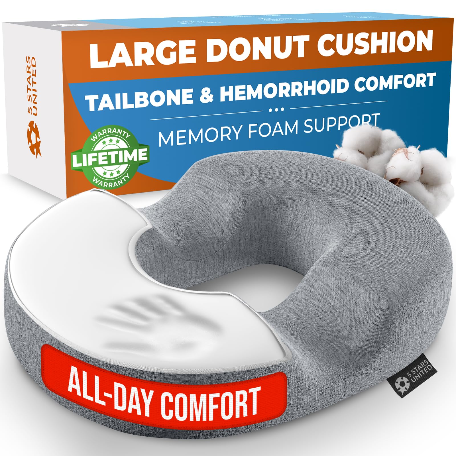 Photo 1 of 5 STARS UNITED Donut Pillow Hemorrhoid Tailbone Cushion – Large Cushion for Pain Relief – Coccyx, Prostate, Sciatica, Pelvic Floor, Pressure Sores, Pregnancy, Postpartum Recovery, Gray