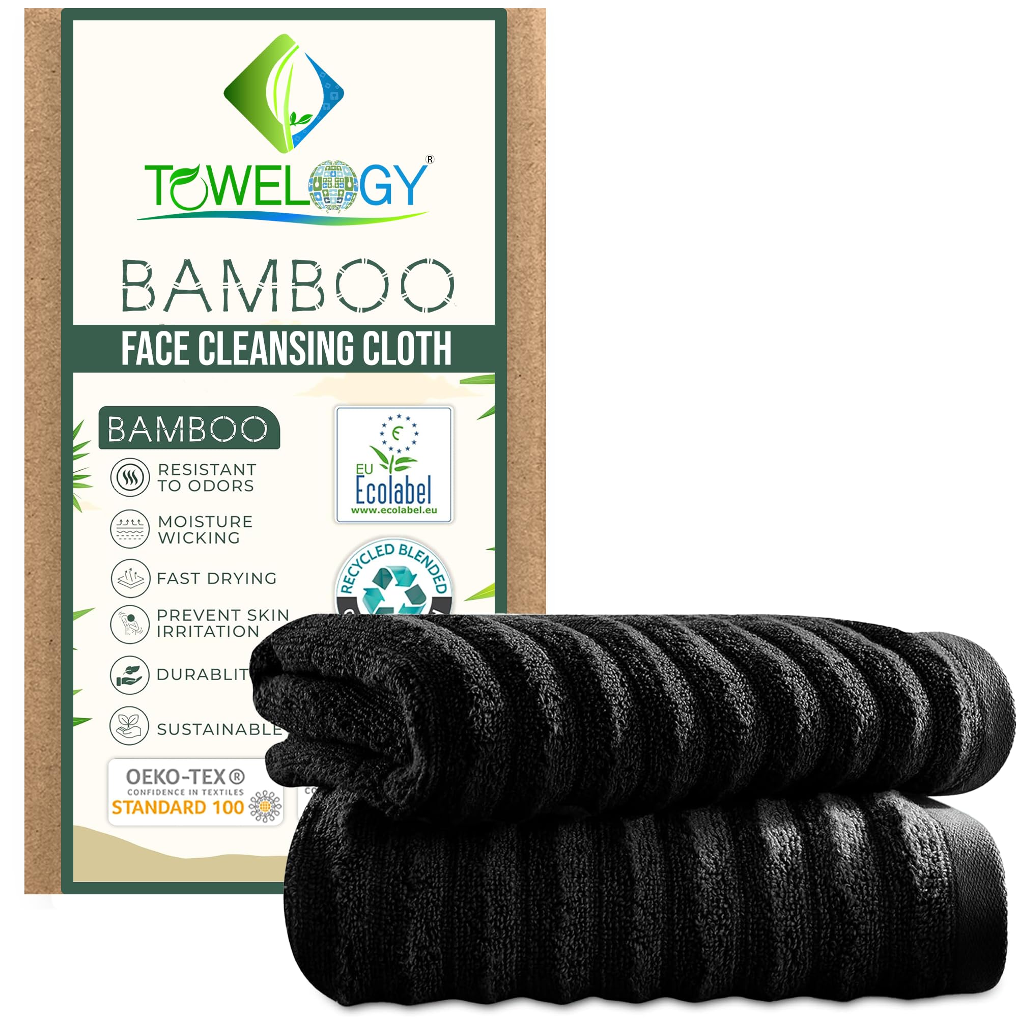 2-Packs Bamboo Face Cloths for Cleansing & Makeup Removal Exfoliating Facial Washcloths – Face Towel for All Skin Type 30x30cm (2, Noir, 30x30cm)