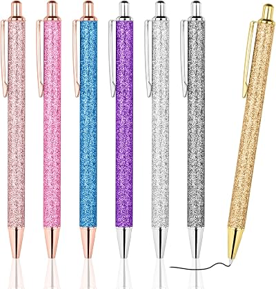 AUAUY 7 PCS Bling Ballpoint Pens 0.5mm Sparkly 彩色 1 mm Black Ink Gift Set