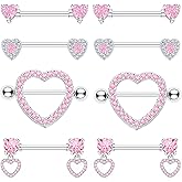 BSJ4U Nipple Ring and Belly Button Ring Set 14G Stainless Steel Sparkly Pink CZ Heart Bar Barbell Nipple Belly Piercing Body Jewelry