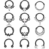 Besteel 12Pcs Septum Rings 16G Daith Earrings Nose Rings Hoop Stainless Steel CZ Opal Cartilage Helix Tragus Earrings Septum Clicker Piercing Jewelry Silver Black Rose Gold