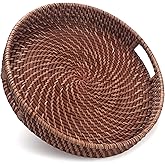 13.8 inch Rattan Tray, Round Wicker Tray with Cut-Out Handles, Woven Serving Tray for Dining/Coffee Table