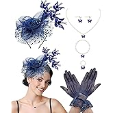 Navy Blue Butterfly Fascinator Hat Set for Women Tea Party Hats Gloves for Women Cocktail Wedding Halloween 1920s