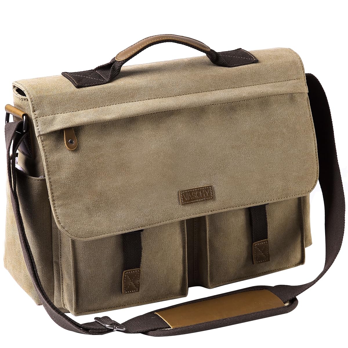 VASCHY Messenger Bag Mens, Vintage Water Resistant Waxed Canvas 15.6 inch Laptop Shoulder Bag Briefcase Satchel with Padded Shoulder Strap and Luggage Sleeve(Khaki)