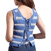 PARTTELY Sweater Vest Women Casual Sleeveless Crochet Tops Color Block Tie Back Knit Tank Tops with Pockets