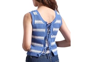 PARTTELY Sweater Vest Women Casual Sleeveless Crochet Tops Color Block Tie Back Knit Tank Tops with Pockets