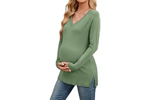 OUGES Women's Sweaters Split Side Long Sleeve V Neck 2025 Fall Maternity Clothes Ribbed Knit Trendy Pullover Tops
