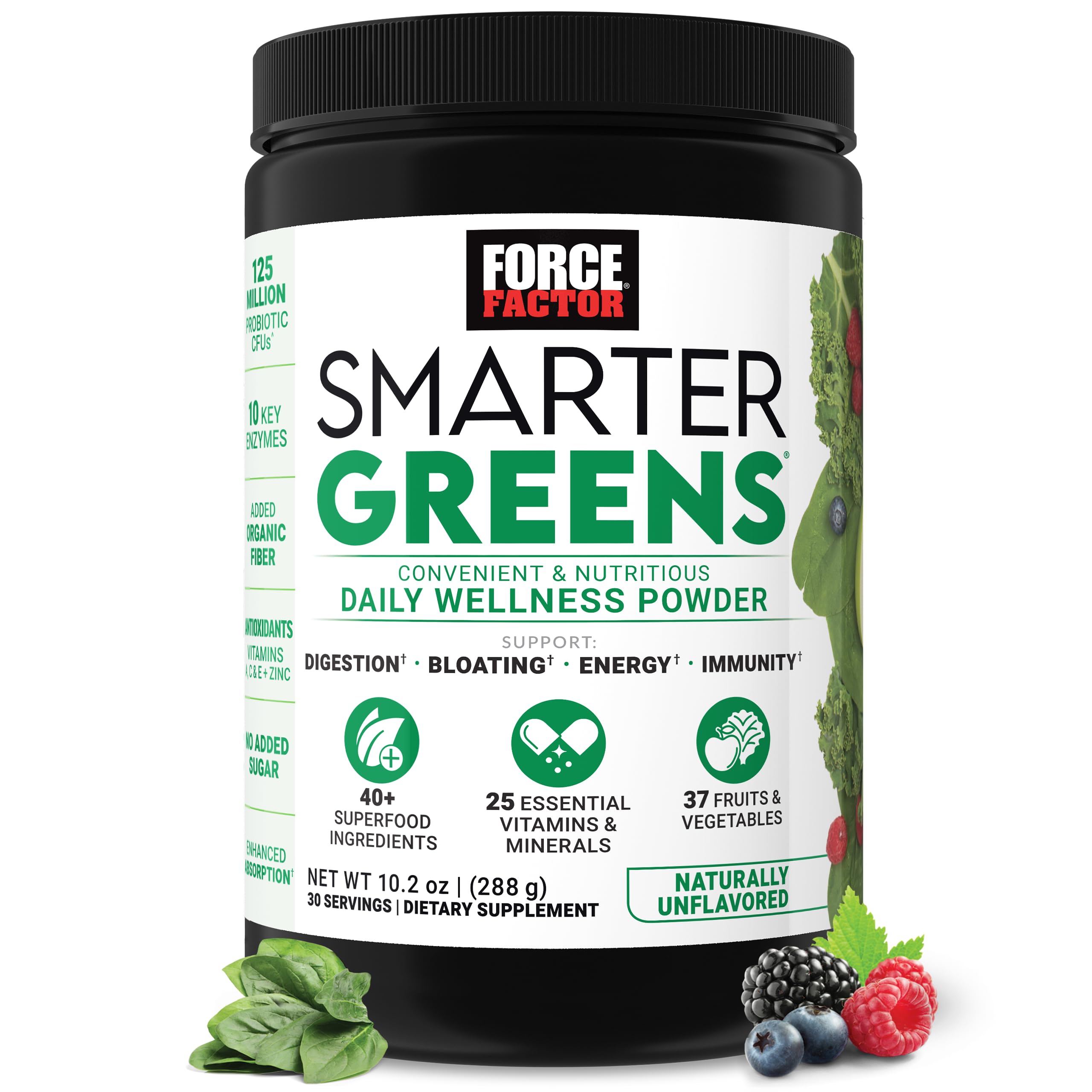 Force Factor Smarter Greens Daily Wellness Powder, Greens Superfood Powder to Support Gut Health, Bloating, & Digestion, with 40+ Superfoods, 125 Million CFUs of Probiotics, Unflavored, 30 Servings