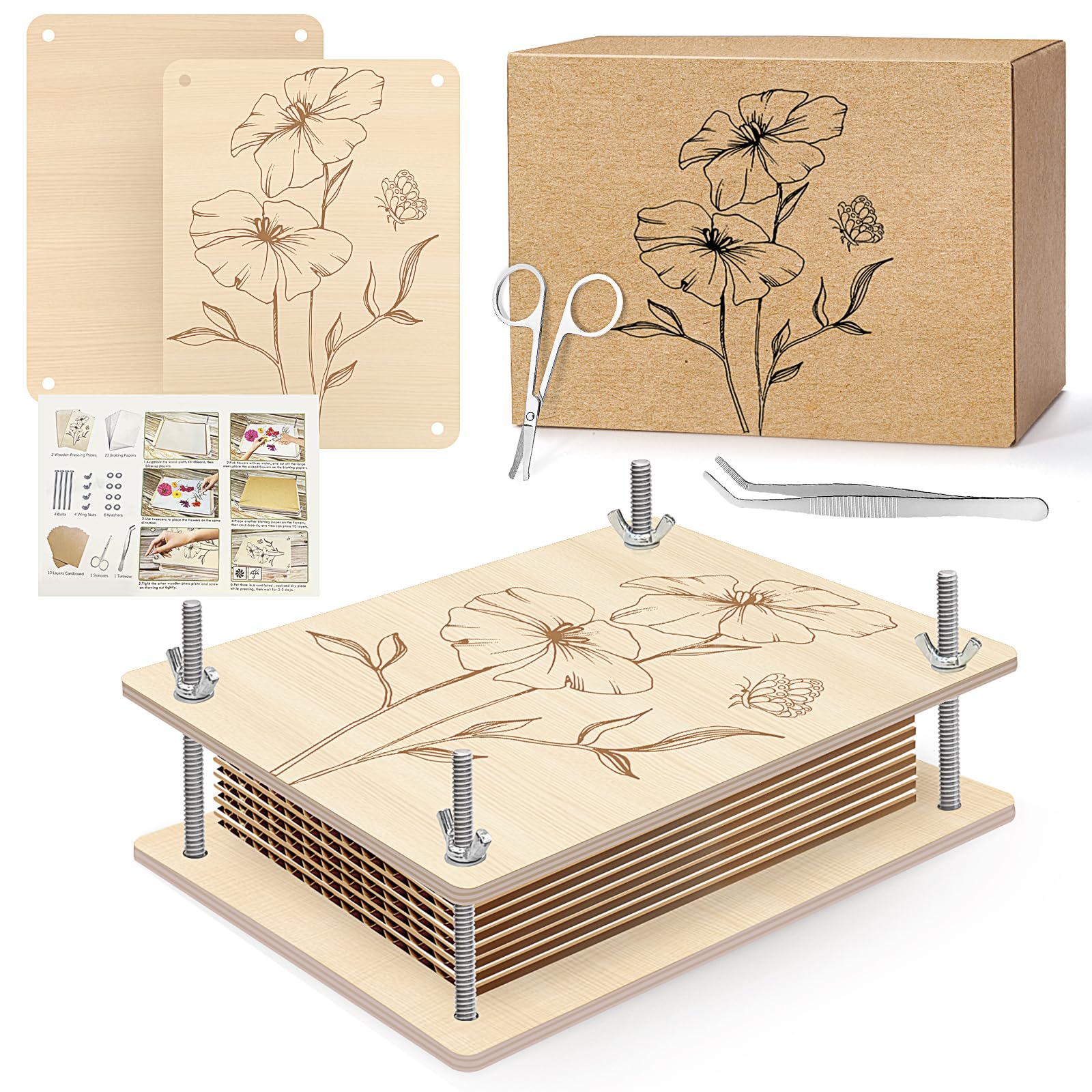 YZNlife Large Flower Press for Adults - 16x21cm 10 Layers DIY Wooden Flower Pressing Kit Great Gift for DIY Arts and Crafts Lovers