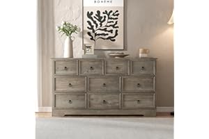 10 Drawers Dresser for Bedroom, Rustic Wood Dresser with Power Outlet, Wide Chest of Drawers Anti-tip, Embossed Drawer, Farmh