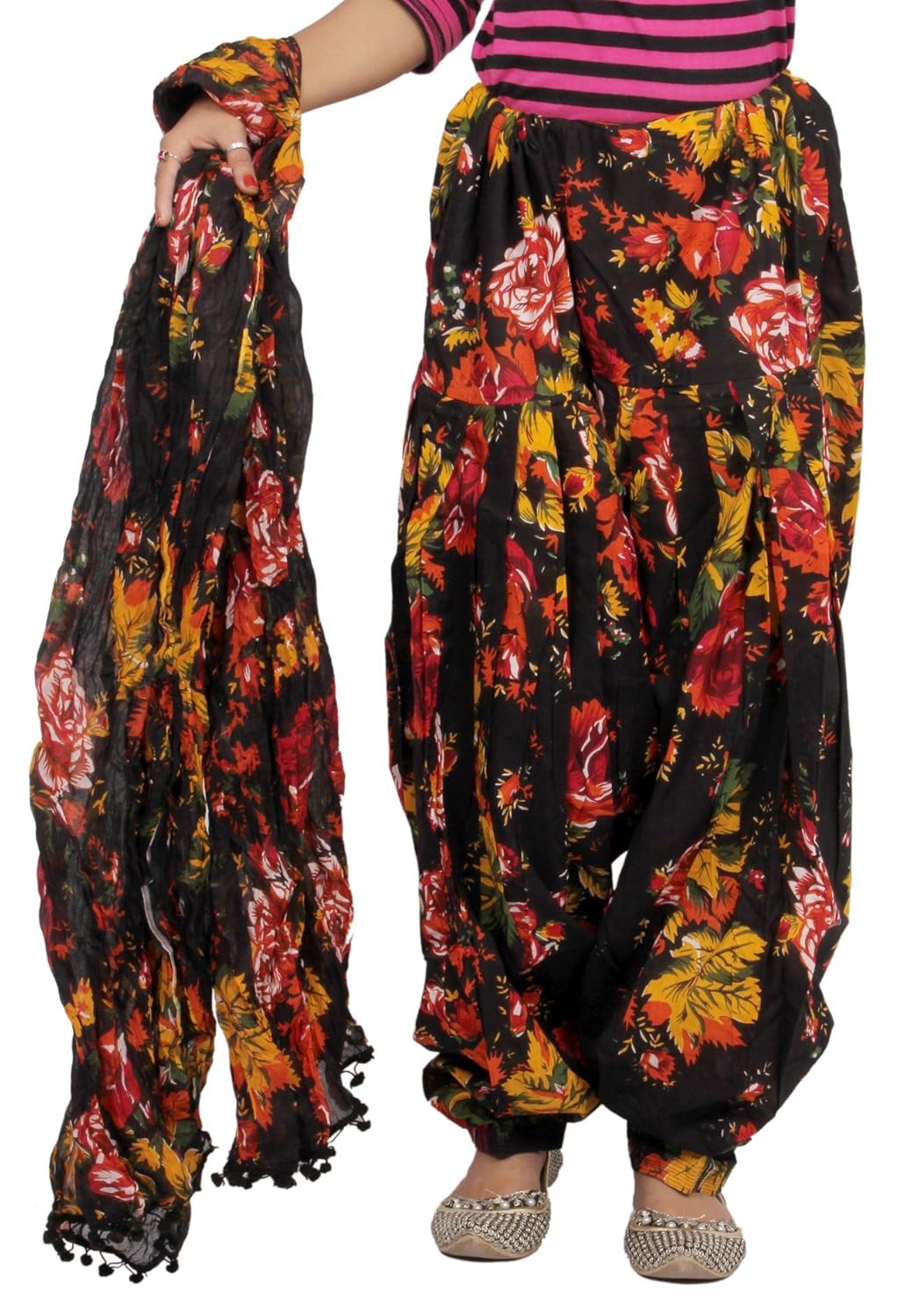 jublee women's cotton patiala with dupatta set, free size (15814-black)
