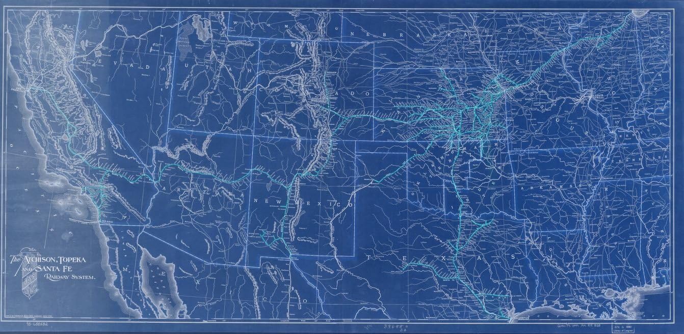 Vintography 18 x 24 Blueprint Style Reproduced Old Map 1899The Atchison, Topeka The Santa Fe Railroad System, 1899 American Bank Note Company - Atchison, Topeka Santa Fe Railroad Company 1982BL_