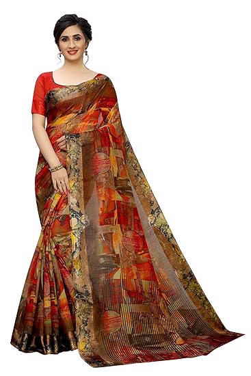 Womens Digital Linen Saree with Unstitched Blouse Piece (DigiPanihari)