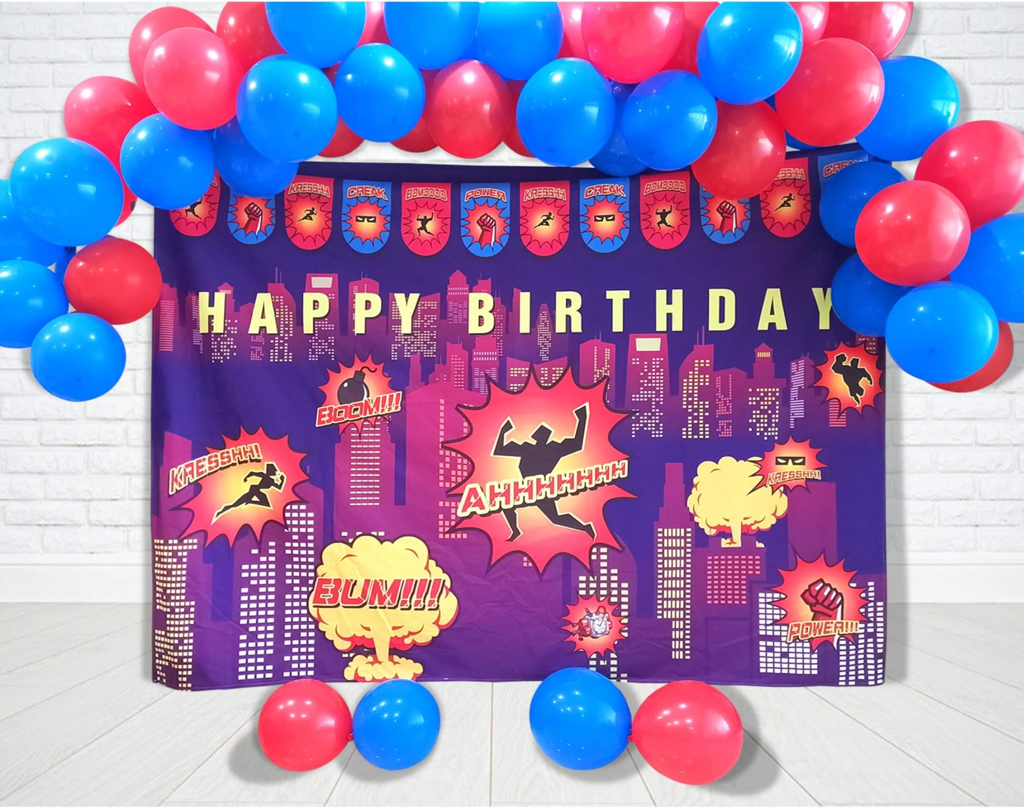 BeBeFun 84Inch×60Inch Soft Fabric Birthday Banner & 40 Colorful Balloons for Birthday Decorations Superheroes Photo Booth Backdrop for Kids Superheroes Birthday Party Decoration Supplies.