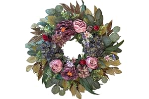 WANNA-CUL 24 Inch Spring Wreaths for Front Door Decor, Spring Door Wreath with Pink&Purple Peony Floral and Vintage Blue Hydr